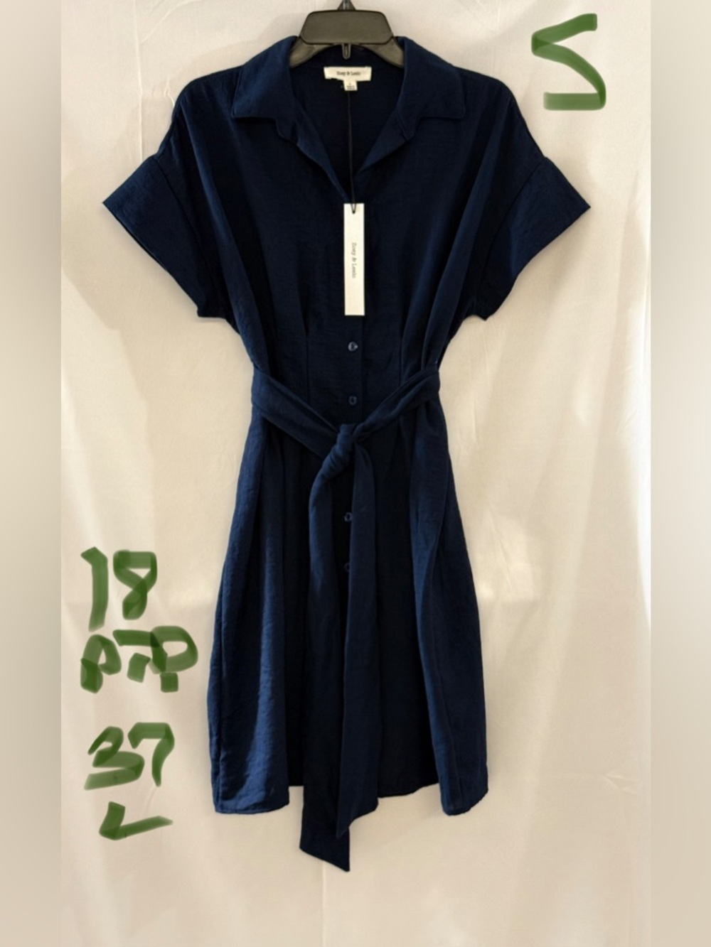 Button-Front Midi Dress with Tie Belt - Navy